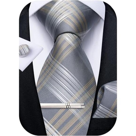 Mens Silk Plaid Tie Set Pocket Square Cufflinks Clip Wedding Business Gift - Picture 7 of 7